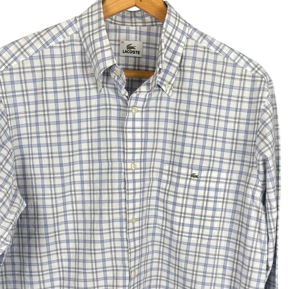 Lacoste Other - Lacoste Mens Plaid Button Down Shirt Blue Grey White Long Sleeve Size 41 Logo